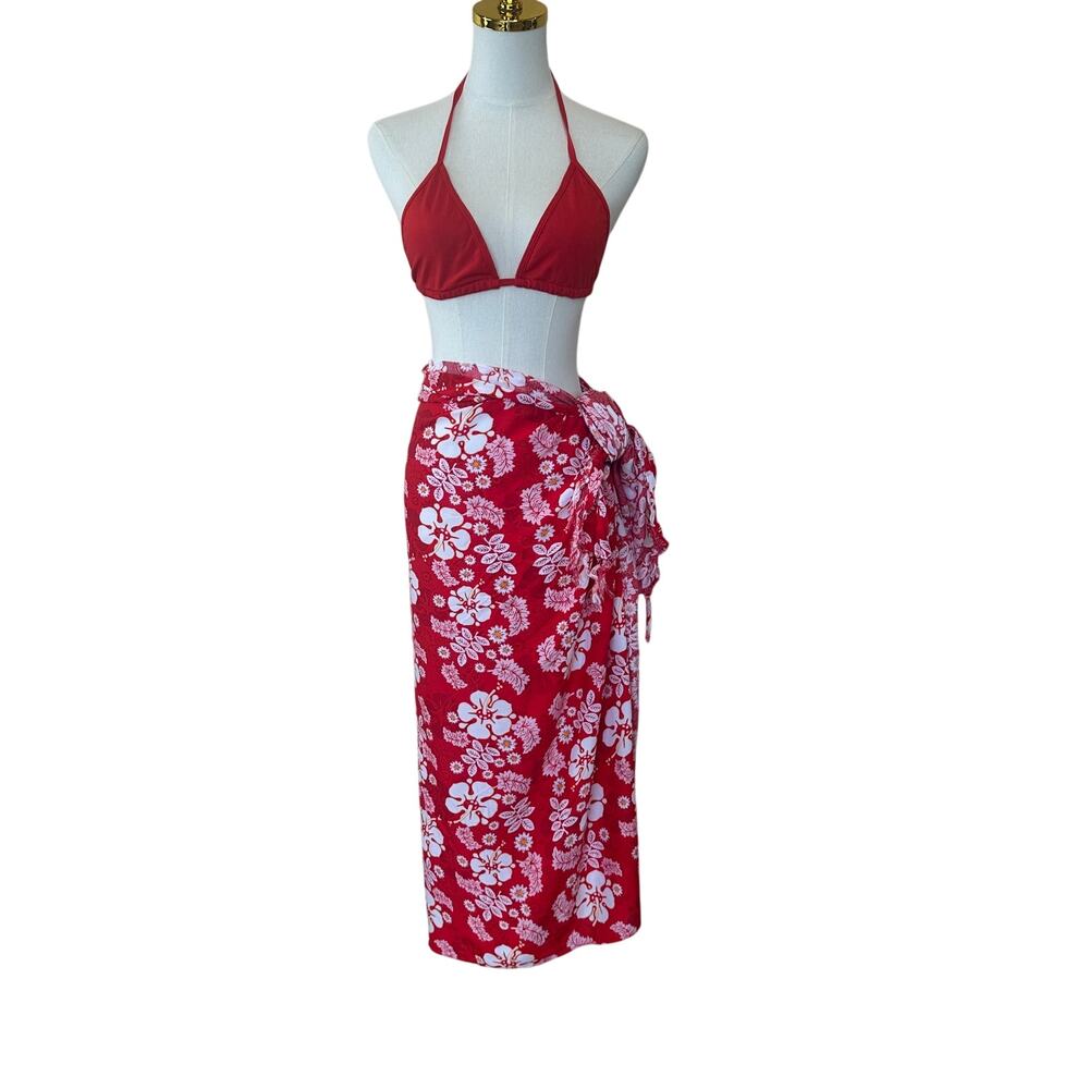 Hawaiian Sarong Scarf Midi Skirt One SIZE Red Hibiscus Coverup Vacation NEW
